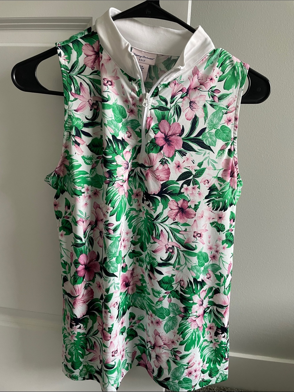 Tommy Bahama Sleeveless Floral Quarter-Zip Top in White, Pink & Green